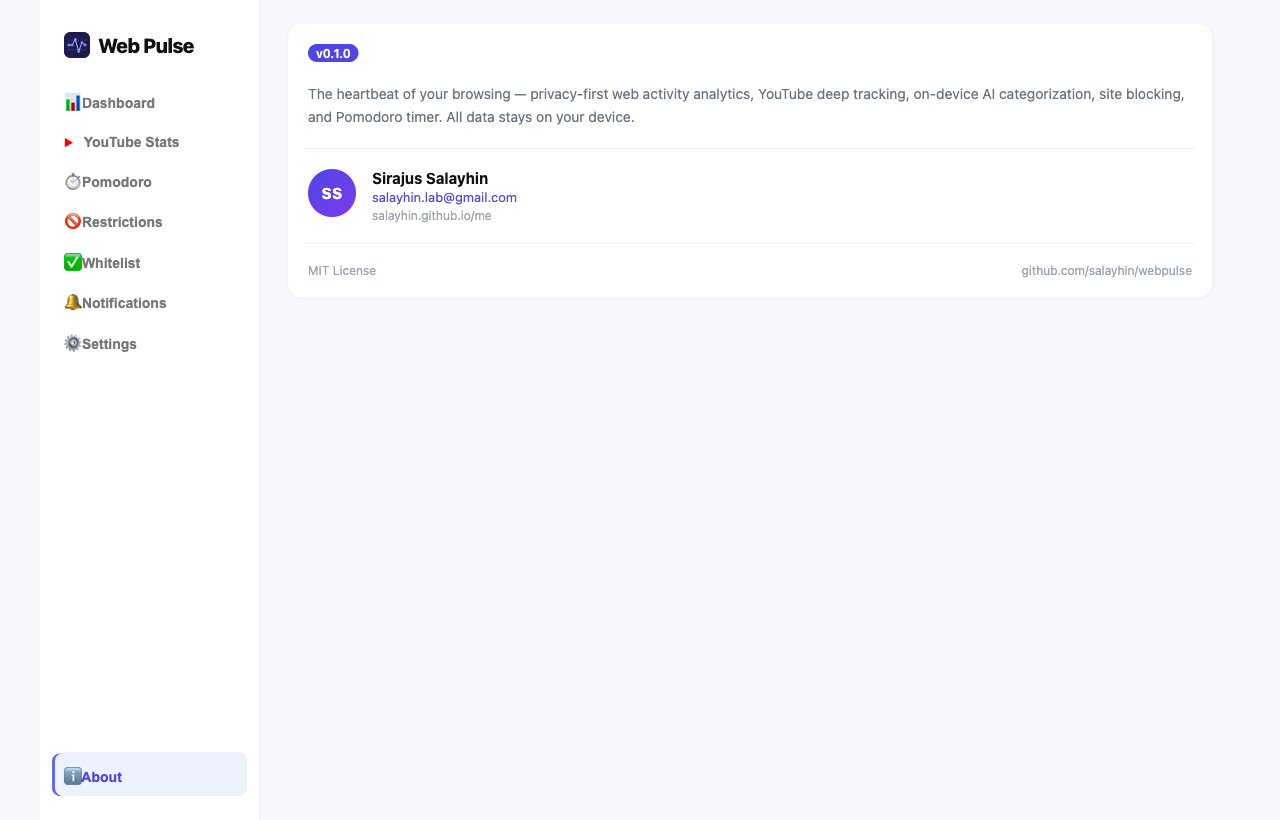 About page showing app info and developer details