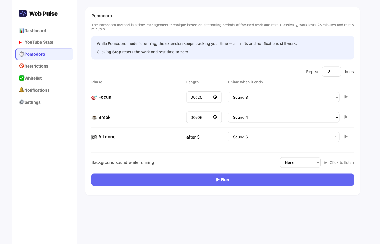 Pomodoro timer with configurable work and rest intervals