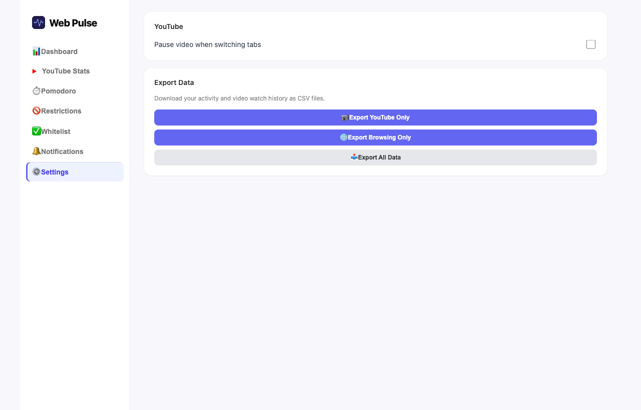 Settings panel with YouTube pause toggle and data export